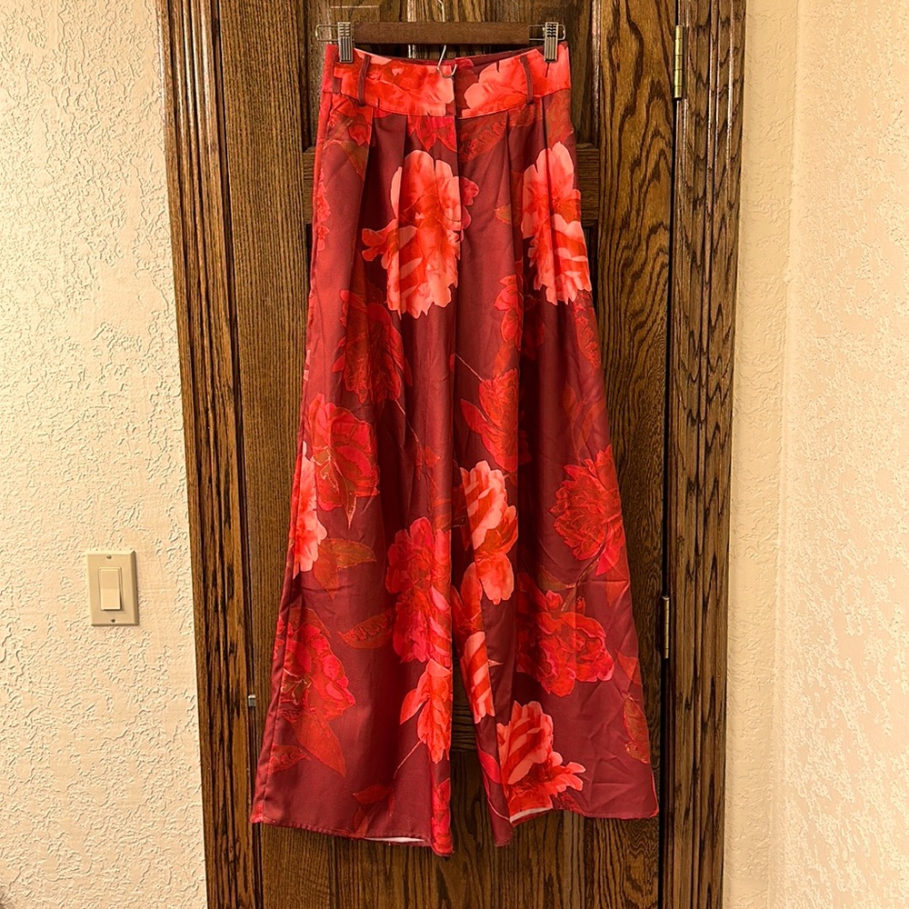 Red Floral Wide Leg Trousers